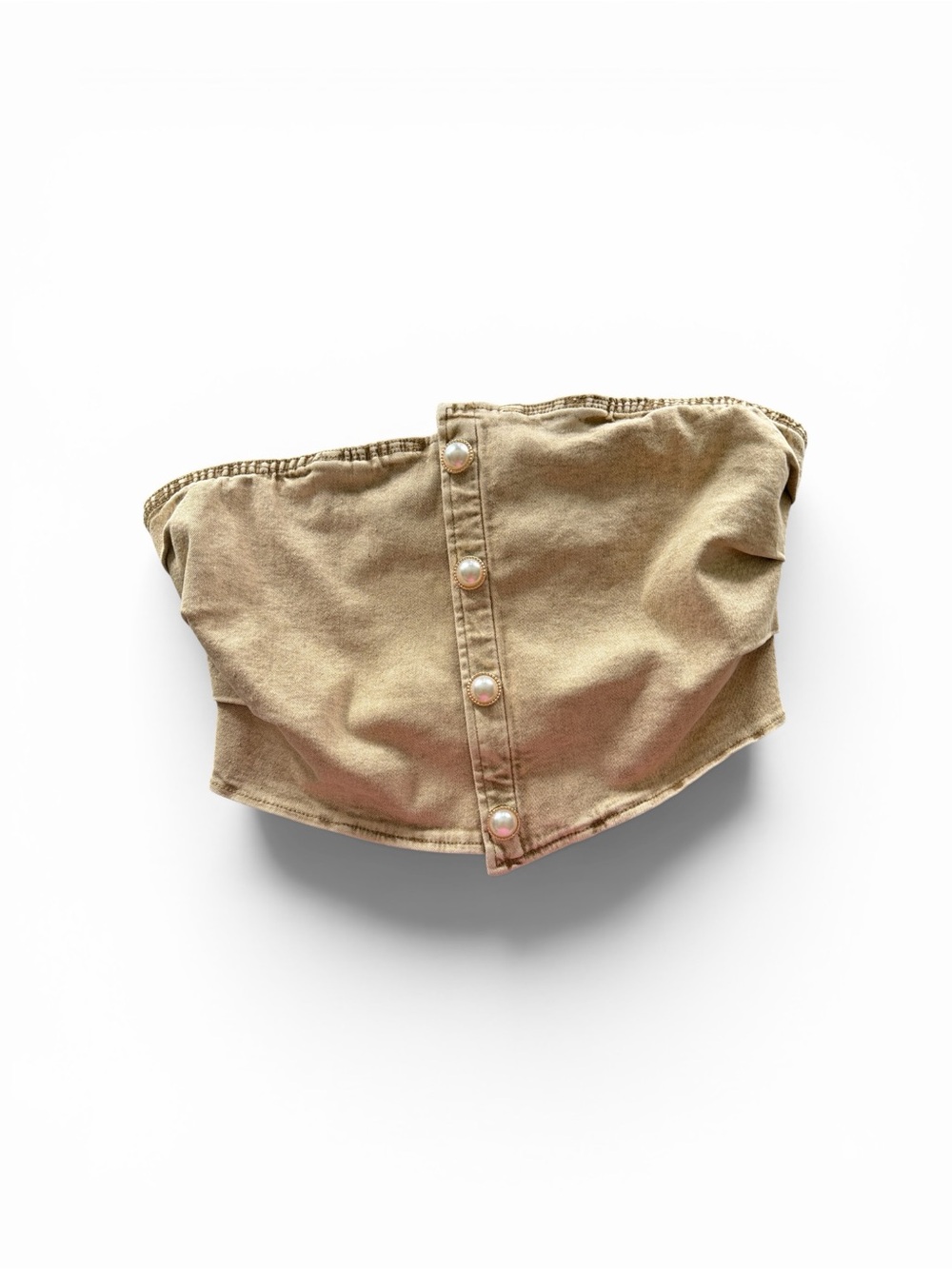 Strapless Whimsy Goth Pearl-Button Crop Top in Khaki Size L - Picture 2 of 3